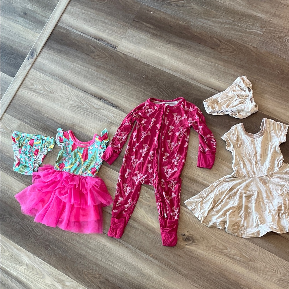 Coco Moon dresses and onesie- tutus garden, ohia lehua, and monstera